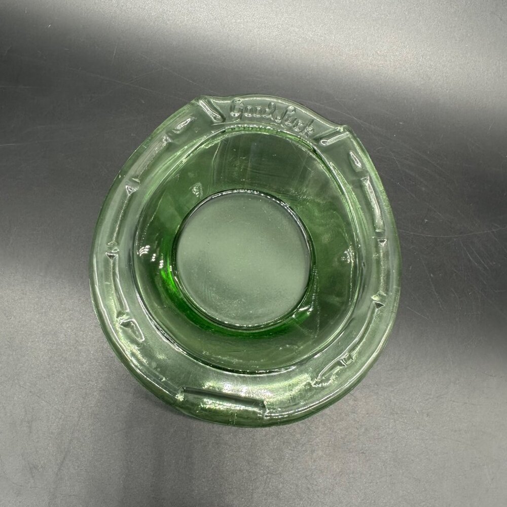 Vintage Trinket Dish Green Glass Horseshoe Good Luck Key Jewelry Holder Retro
